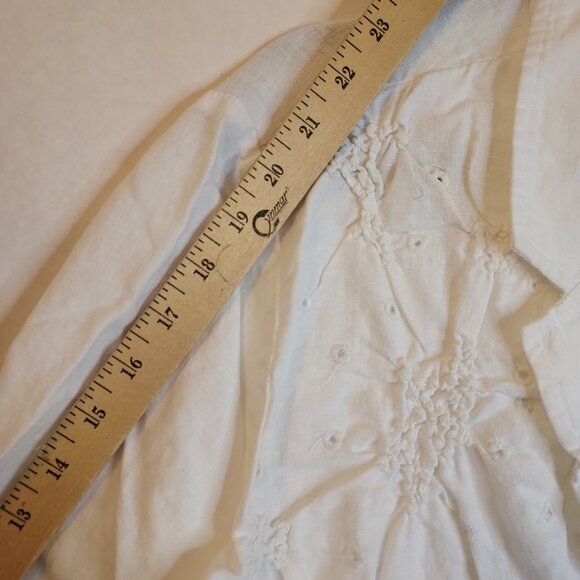 Chico's Linen Blazer Women's XL White Ruched Front Eyelet Mother of Pearl Button - Picture 15 of 15